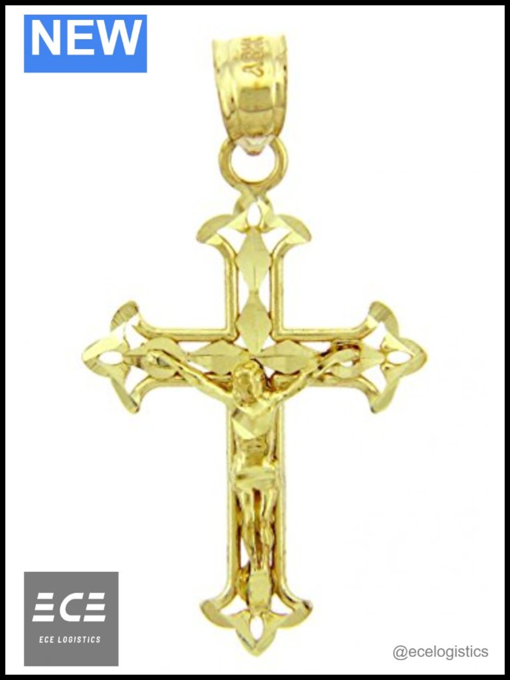 Solid Gold Fleur De Lis Openwork Crucifix Charm Pendant Religious Jewelry